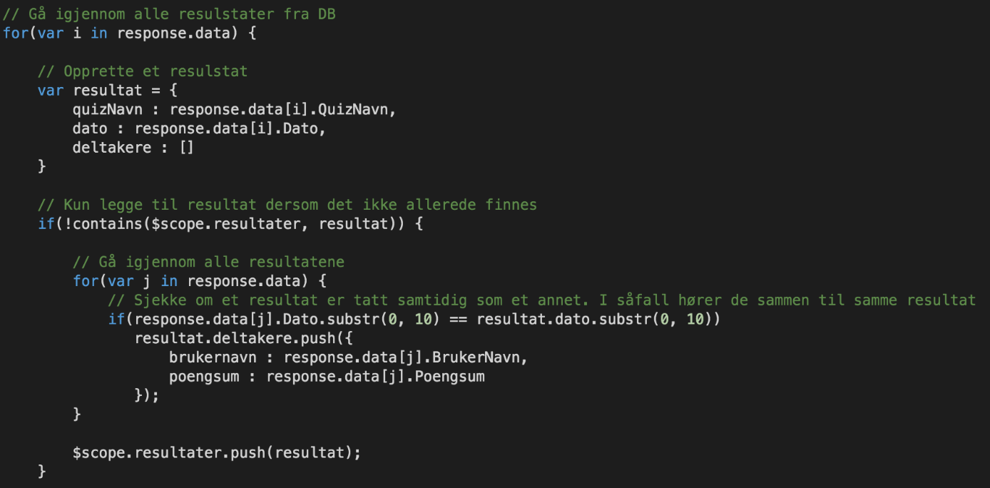 Hvis det ikke allerede finnes, så går vi inn i en ny løkke som går igjennom alle resultater fra databasen på nytt, og samler alle resultater som hører sammen, og legger dem til i "deltakere" arrayen
