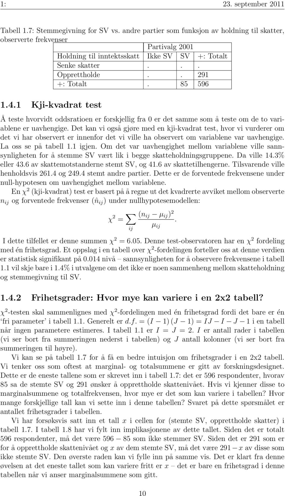 1 Kji-kvadrat test Å teste hvorvidt oddsratioen er forskjellig fra 0 er det samme som å teste om de to variablene er uavhengige.