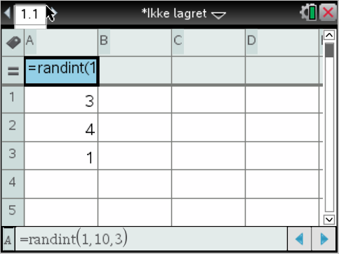 3.3 Random Kalkulatoren har en «random» funksjon. Denne gir oss mulighet til å gi oss et tilfeldig tall i et gitt intervall, eller lage en liste med tilfeldige tall. 3.3.1 Tall Meny -> Sannsynlighet (5) -> Tilfeldig(4) -> Tilfeldig tall (1) / Tilfeldig heltall (2), alt ettersom hva du trenger.