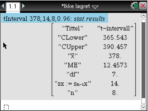 6.3 Symmetrisk Vi tar utgangspunkt i Eksamen 2015 H oppgave 2 b: Konfidensintervall. Der får vi oppgitt at: x = 378 cm, s x = 14, n = 8 Finn et 96% symmetrisk konfidensintervall.