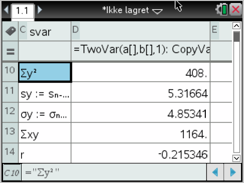 Trykk OK og kalkulatoren regner ut en liste med verdier: Gjennomsnitt x Sum x Sum kvadrert x 2 Utvalgs-standardavik sy Populasjons-standardavik σy Antall data n Minste innsatte data