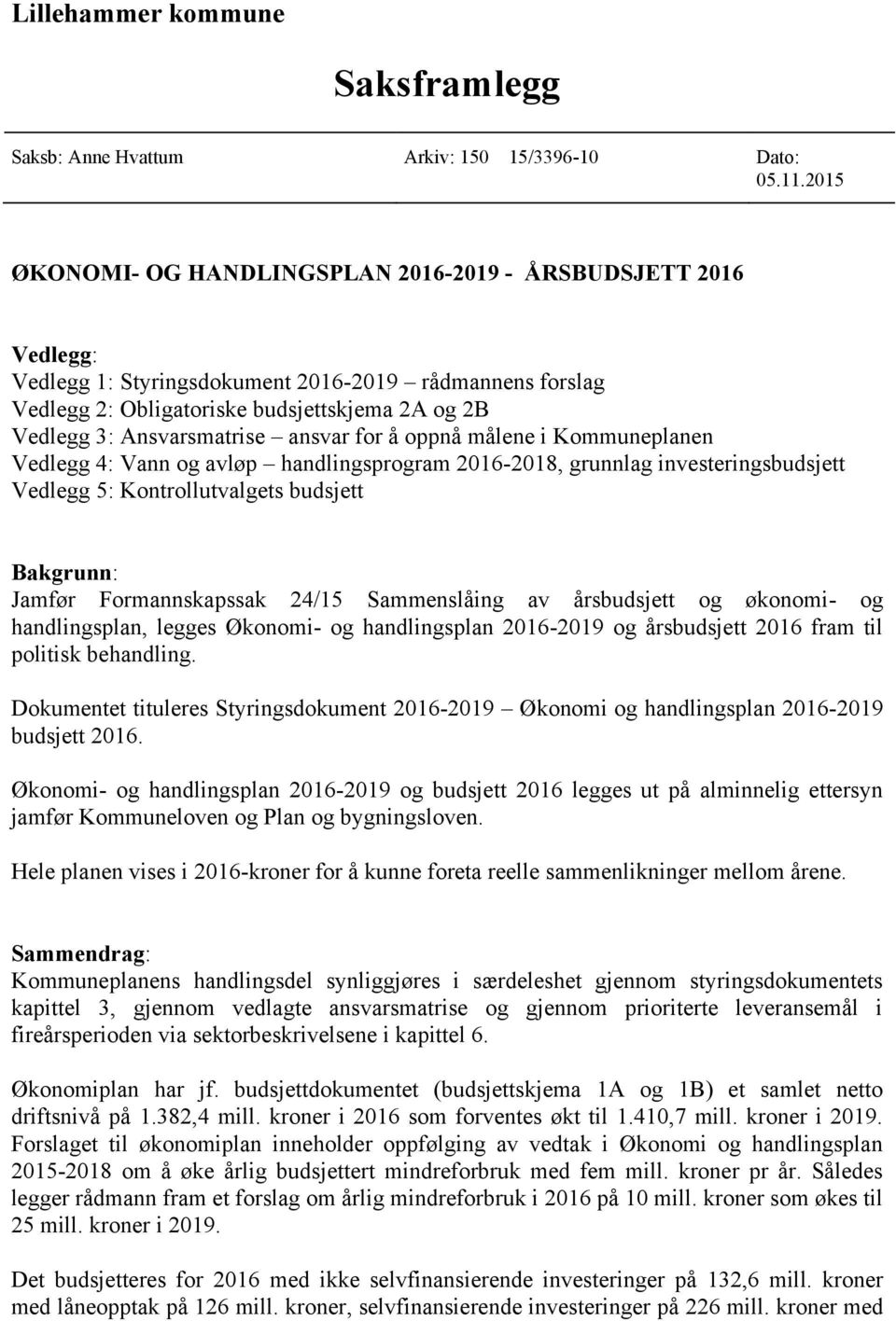 Ansvarsmatrise ansvar for å oppnå målene i Kommuneplanen Vedlegg 4: Vann og avløp handlingsprogram 2016-2018, grunnlag investeringsbudsjett Vedlegg 5: Kontrollutvalgets budsjett Bakgrunn: Jamfør