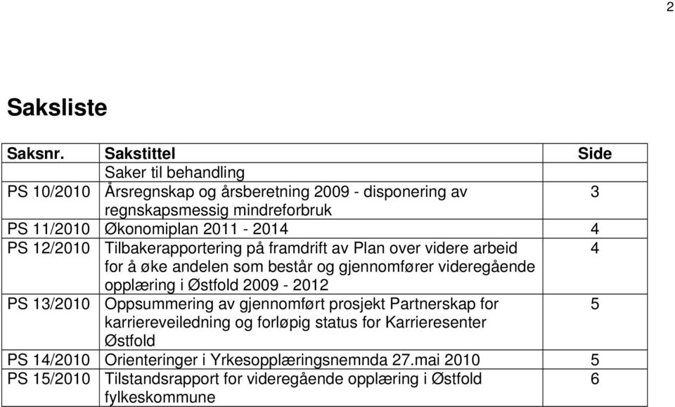 2011-2014 4 PS 12/2010 Tilbakerapportering på framdrift av Plan over videre arbeid 4 for å øke andelen som består og gjennomfører videregående opplæring i