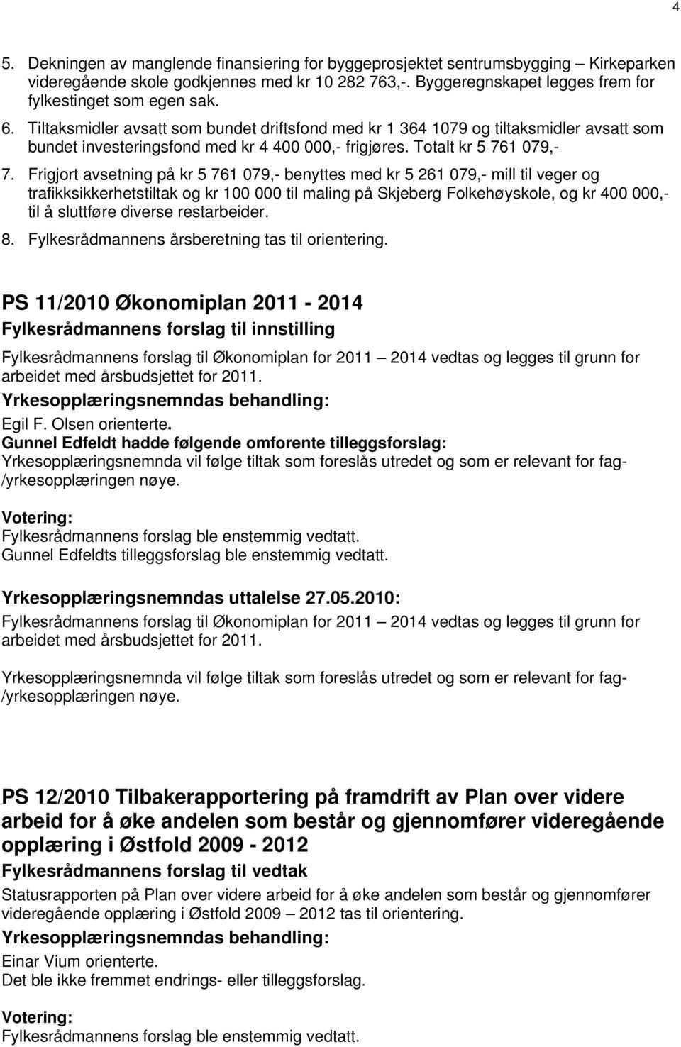 Frigjort avsetning på kr 5 761 079,- benyttes med kr 5 261 079,- mill til veger og trafikksikkerhetstiltak og kr 100 000 til maling på Skjeberg Folkehøyskole, og kr 400 000,- til å sluttføre diverse