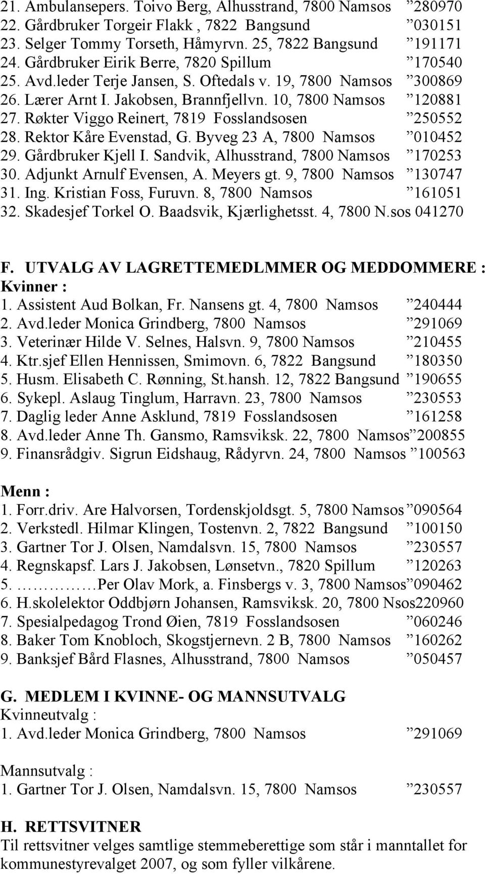 Røkter Viggo Reinert, 7819 Fosslandsosen 250552 28. Rektor Kåre Evenstad, G. Byveg 23 A, 7800 Namsos 010452 29. Gårdbruker Kjell I. Sandvik, Alhusstrand, 7800 Namsos 170253 30.