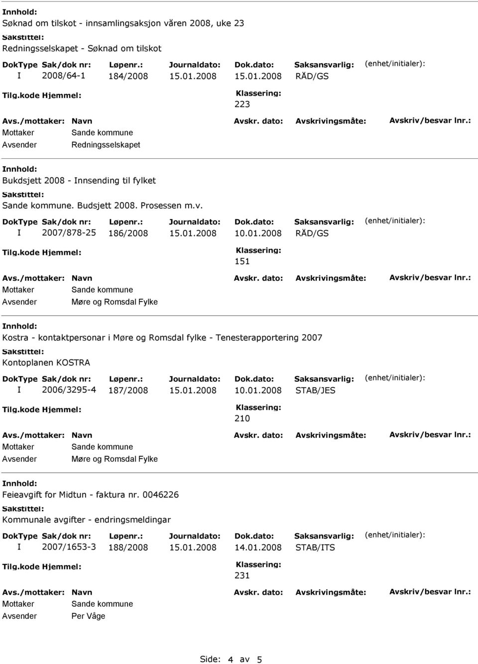 2008 151 Avsender Møre og Romsdal Fylke nnhold: Kostra - kontaktpersonar i Møre og Romsdal fylke - Tenesterapportering 2007 Kontoplanen KOSTRA 2006/3295-4