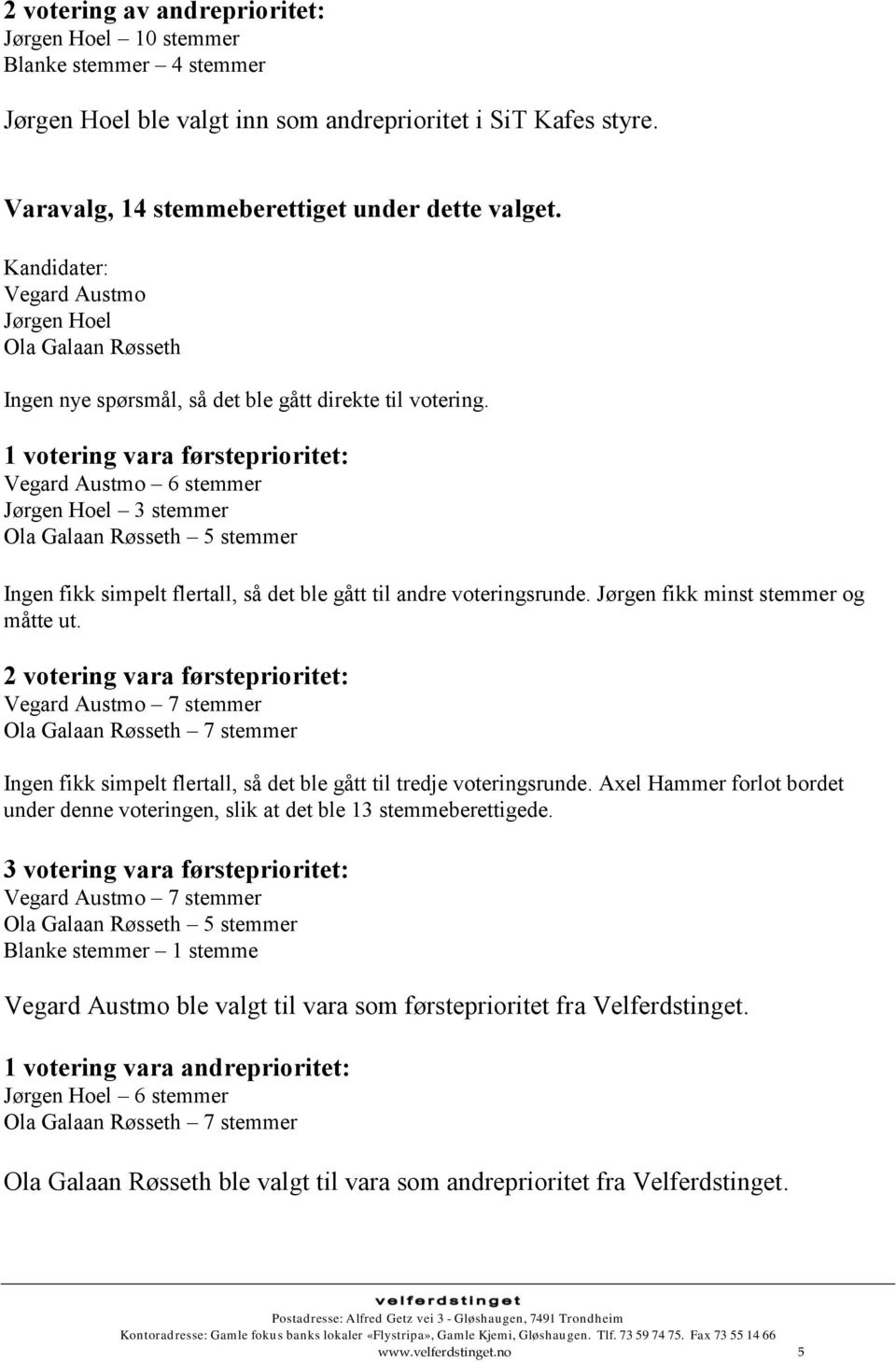 1 votering vara førsteprioritet: Vegard Austmo 6 stemmer Jørgen Hoel 3 stemmer Ola Galaan Røsseth 5 stemmer Ingen fikk simpelt flertall, så det ble gått til andre voteringsrunde.