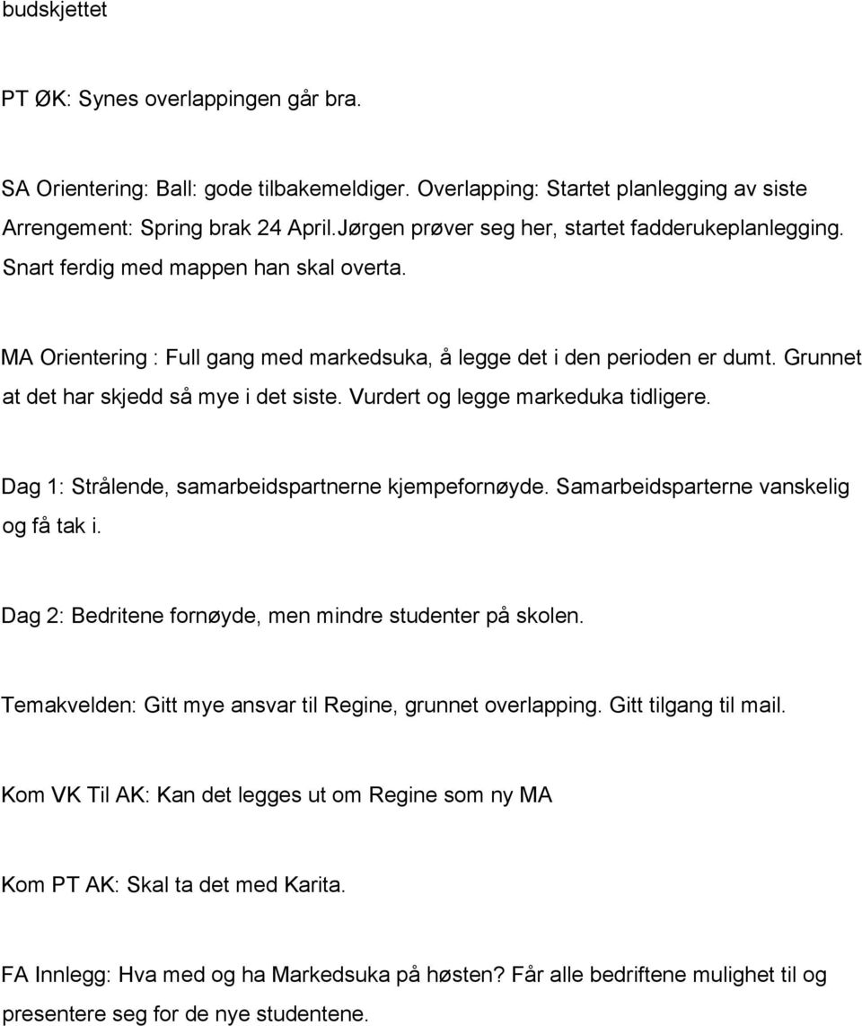 Grunnet at det har skjedd så mye i det siste. Vurdert og legge markeduka tidligere. Dag 1: Strålende, samarbeidspartnerne kjempefornøyde. Samarbeidsparterne vanskelig og få tak i.