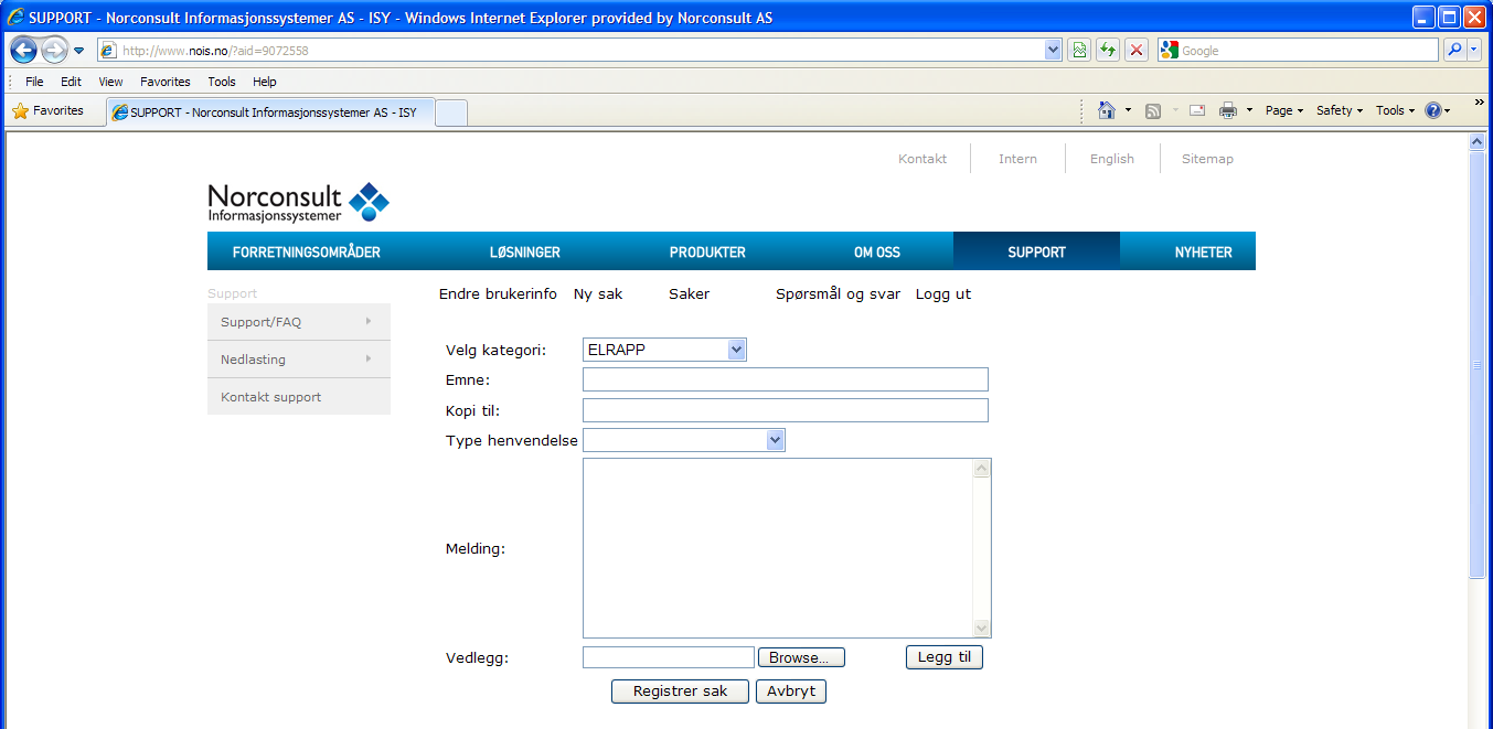 Brukerveiledning ELRAPP 33 Ved å klikke på linken NOIS Kundesenter, logger man inn i Norconsult Informasjonssystemer sitt supportsystem.