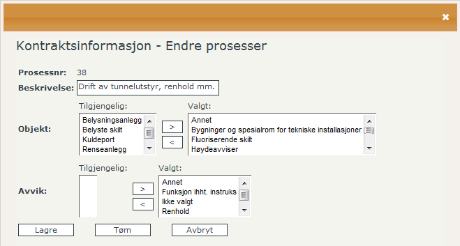 Objekt- og avvik: Brukerveiledning ELRAPP 38 Valg for objekt- og avviksregistrering endres ved å klikke på aktuell prosesslinje under menyvalget Kontrakter - Kontraktsinfo Prosesser.