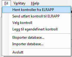 Brukerveiledning ELRAPP 78 Om det finnes en ny versjon av datakatalogen, laster du den ned ved å trykke på Importere Datakatalog knappen. 8.8 Filmenyen Filmenyen har følgende innhold 8.8.1 Hent kontroller fra ELRAPP Å hente kontroller forutsetter at kontrolløren er tilkoplet SVV sitt nettverk, mao dette må gjøres på kontoret før man drar ut på en kontroll.