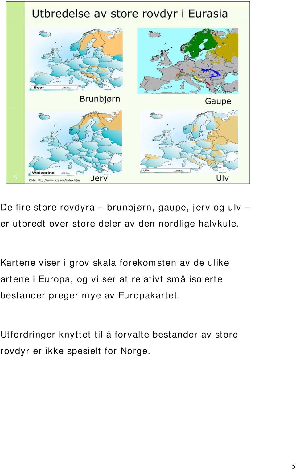 Kartene viser i grov skala forekomsten av de ulike artene i Europa, og vi ser at