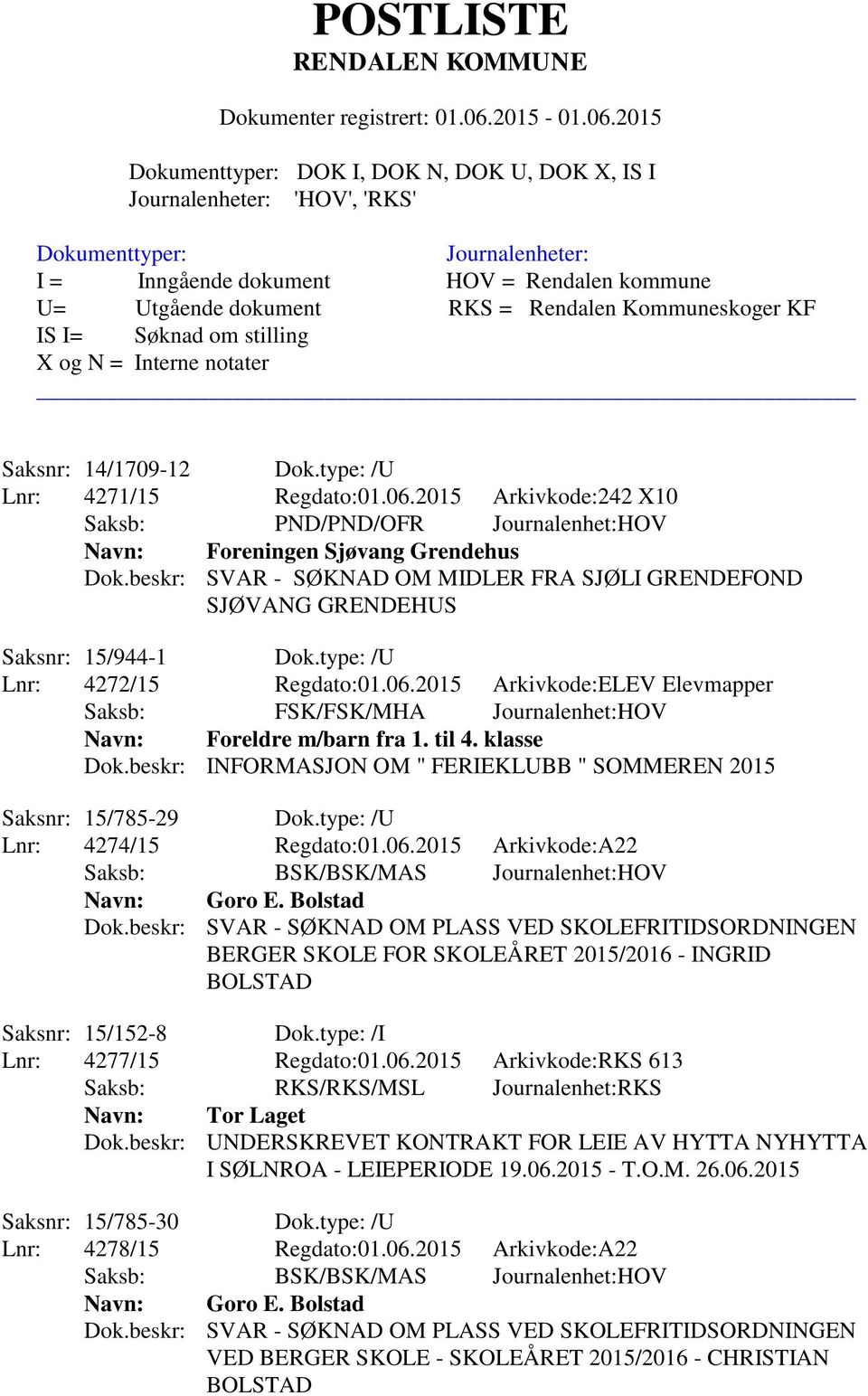 type: /U Lnr: 4272/15 Regdato:01.06.2015 Arkivkode:ELEV Elevmapper Saksb: FSK/FSK/MHA Journalenhet:HOV Navn: Foreldre m/barn fra 1. til 4. klasse Dok.