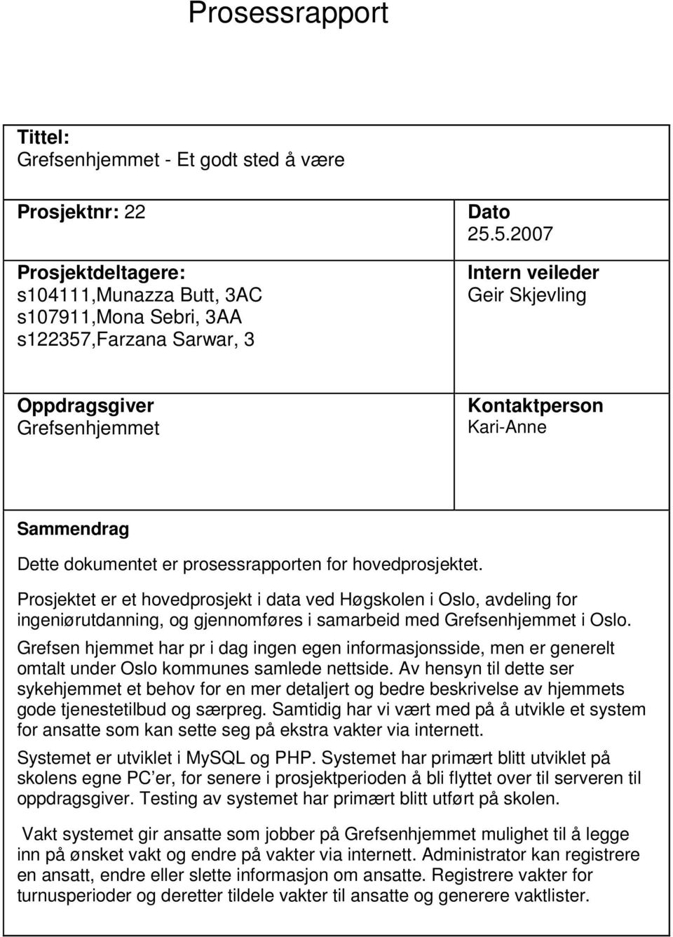 Prosjektet er et hovedprosjekt i data ved Høgskolen i Oslo, avdeling for ingeniørutdanning, og gjennomføres i samarbeid med Grefsenhjemmet i Oslo.