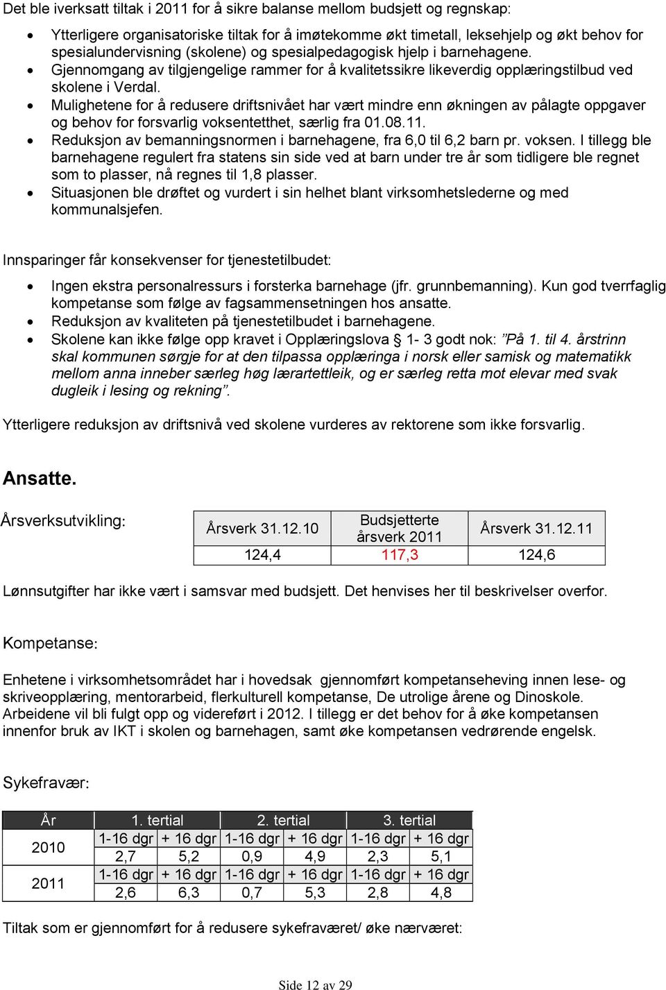 Mulighetene for å redusere driftsnivået har vært mindre enn økningen av pålagte oppgaver og behov for forsvarlig voksentetthet, særlig fra 01.08.11.