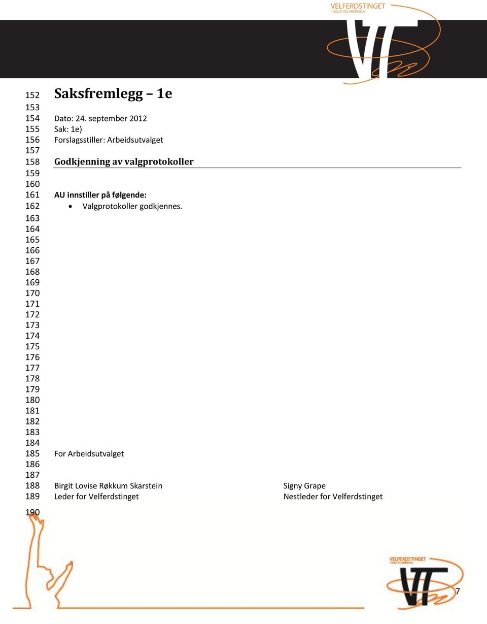 september 2012 Sak: 1e) Forslagsstiller: Arbeidsutvalget Godkjenning av valgprotokoller AU innstiller på