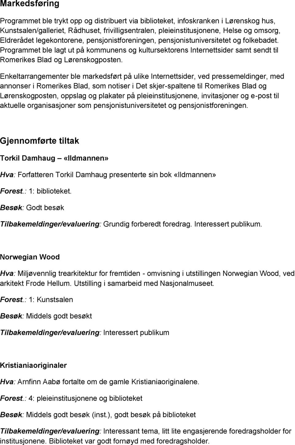 Programmet ble lagt ut på kommunens og kultursektorens Internettsider samt sendt til Romerikes Blad og Lørenskogposten.