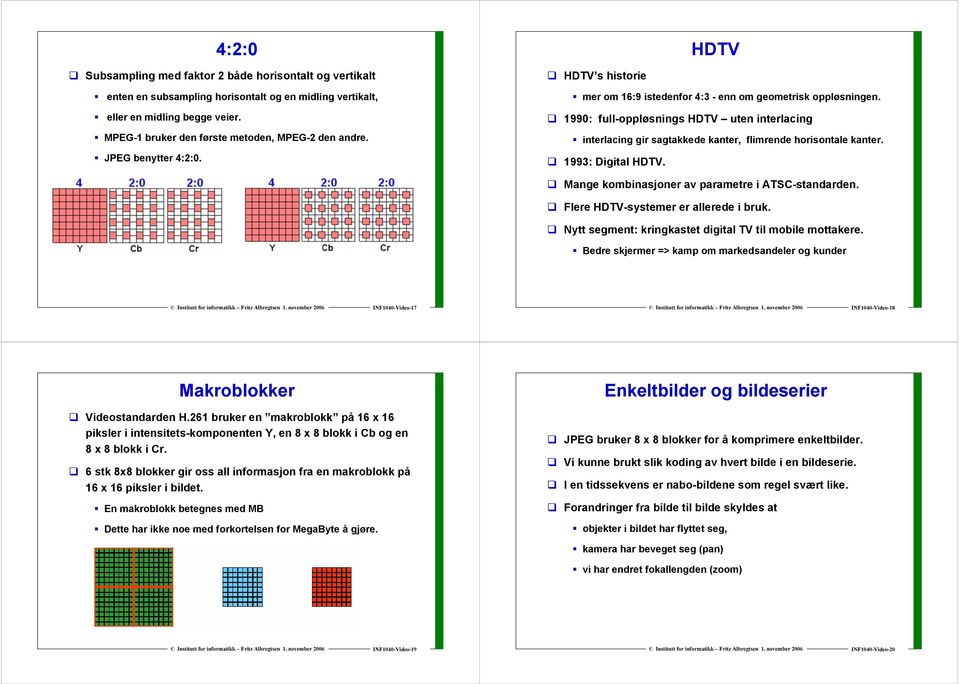 990: full-oppløsnings HDTV uten interlacing interlacing gir sagtakkede kanter, flimrende horisontale kanter. 993: Digital HDTV. Mange kombinasjoner av parametre i ATSC-standarden.