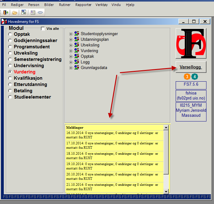 Varsel i FS i hovedmenyen og varselloggen fra andre