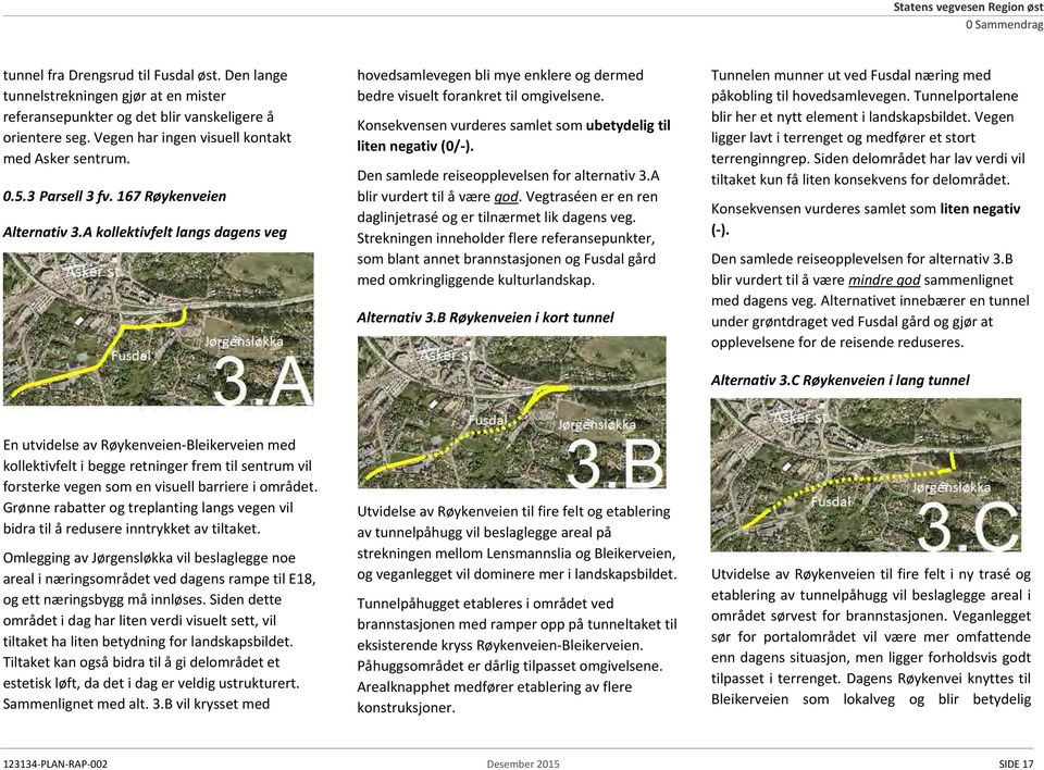 A kollektivfelt langs dagens veg hovedsamlevegen bli mye enklere og dermed bedre visuelt forankret til omgivelsene. Konsekvensen vurderes samlet som ubetydelig til liten negativ (0/-).