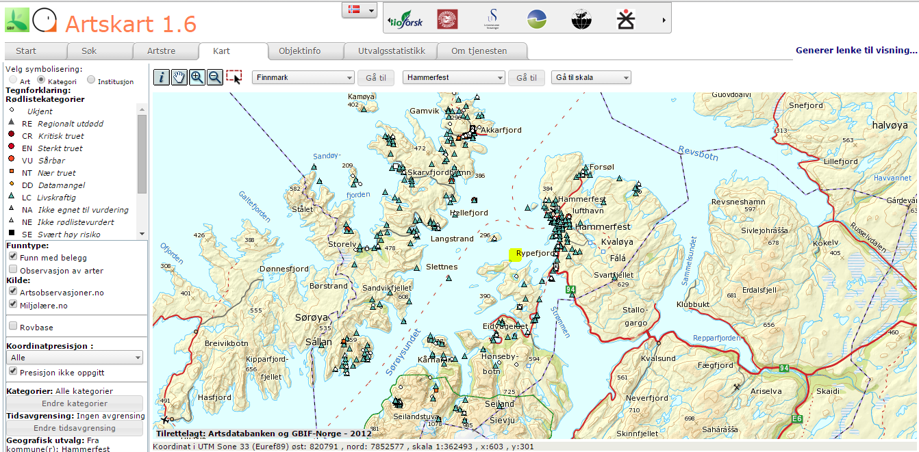 Vedlegg 6.3.6 Naturdatabase Kart over artsdata i nærhet til lokaliteten. Omtrentlig plassering av lokaliteten er skissert med gult. Kart fra Artskart.