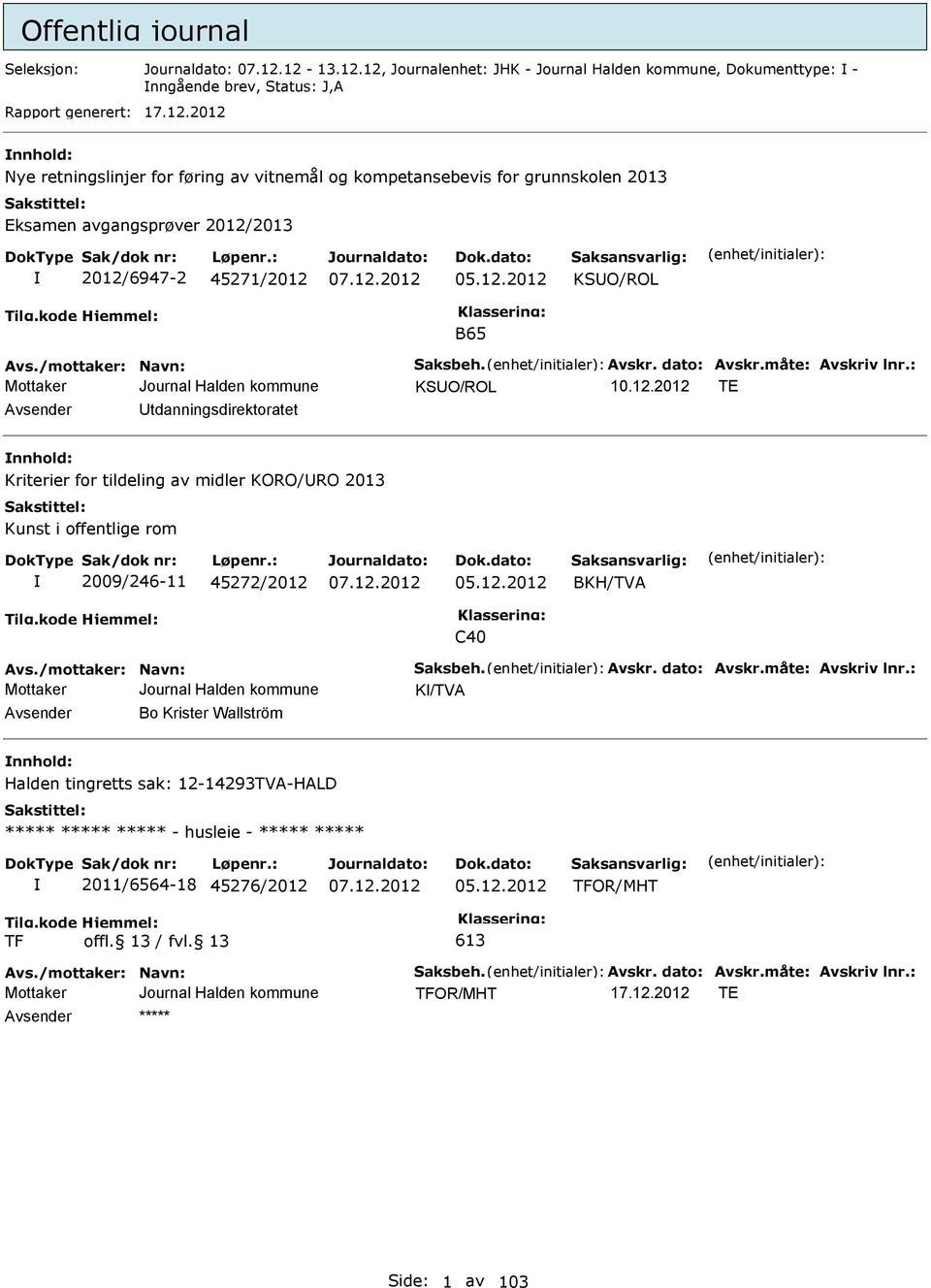 12.2012 KSUO/ROL B65 Avs./mottaker: Navn: Saksbeh. Avskr. dato: Avskr.måte: Avskriv lnr.