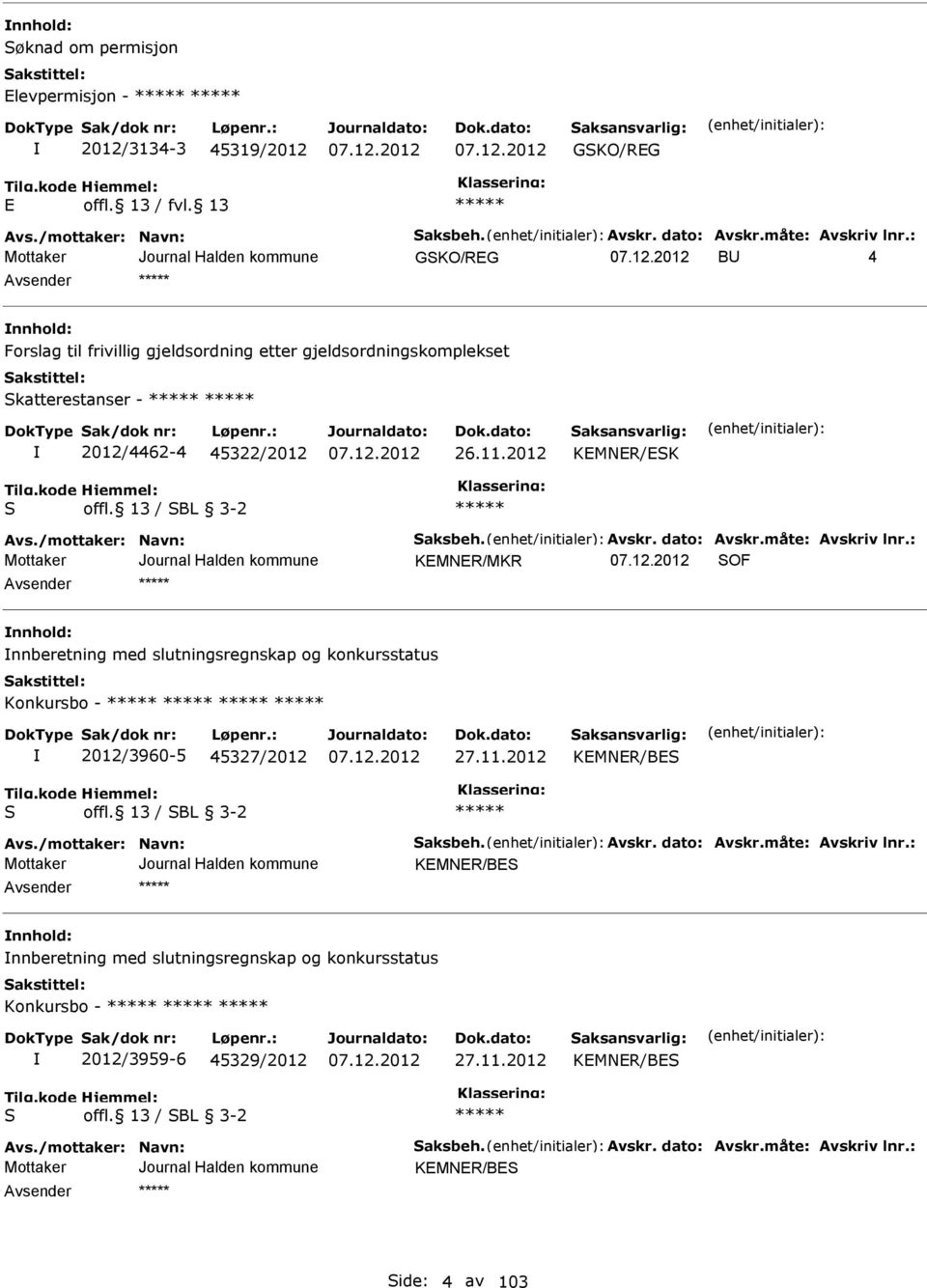 Avskr. dato: Avskr.måte: Avskriv lnr.: KMNR/MKR SOF nnhold: nnberetning med slutningsregnskap og konkursstatus Konkursbo - 2012/3960-5 45327/2012 27.11.2012 KMNR/BS S offl. 13 / SBL 3-2 Avs.