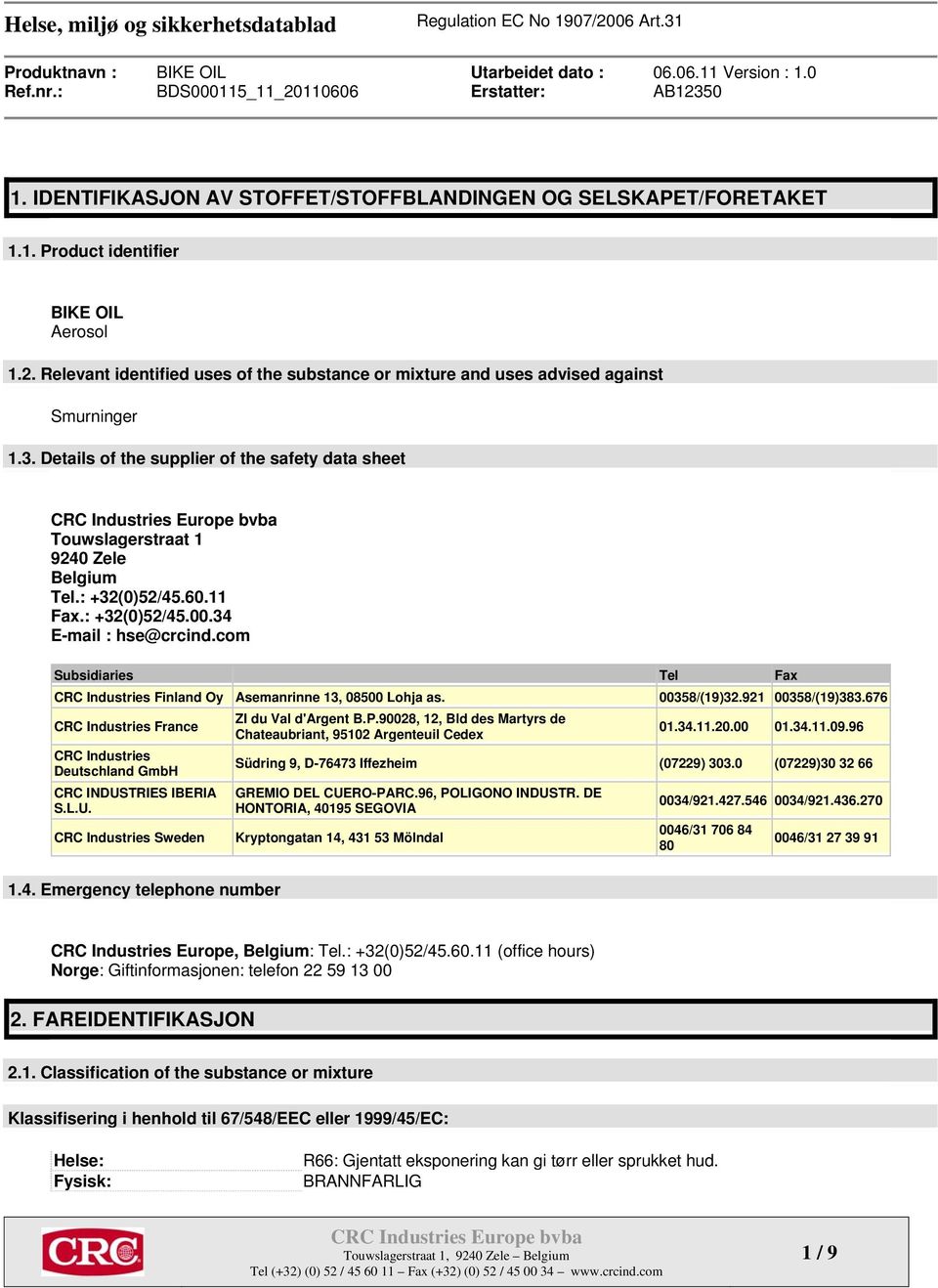 60.11 Fax.: +32(0)52/45.00.34 E-mail : hse@crcind.com Subsidiaries Tel Fax CRC Industries Finland Oy Asemanrinne 13, 08500 Lohja as. 00358/(19)32.921 00358/(19)383.