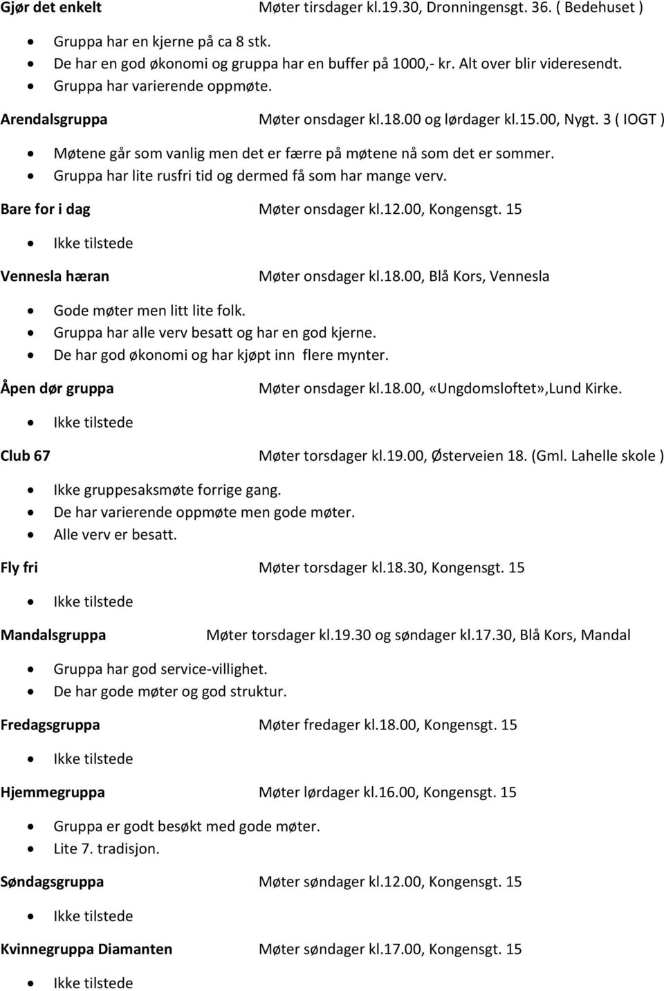 Gruppa har lite rusfri tid og dermed få som har mange verv. Bare for i dag Møter onsdager kl.12.00, Kongensgt. 15 Vennesla hæran Møter onsdager kl.18.