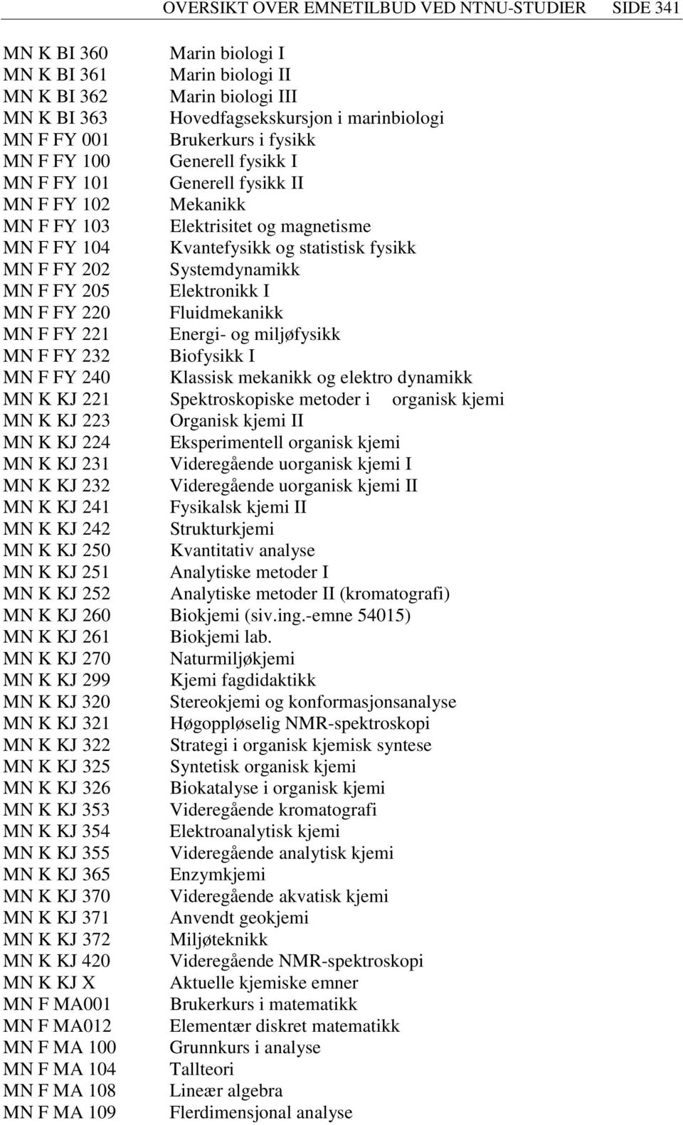 Systemdynamikk MN F FY 205 Elektronikk I MN F FY 220 Fluidmekanikk MN F FY 221 Energi- og miljøfysikk MN F FY 232 Biofysikk I MN F FY 240 Klassisk mekanikk og elektro dynamikk MN K KJ 221