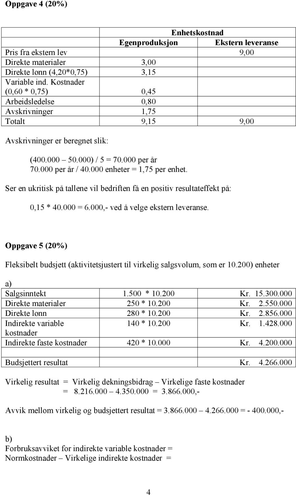 000 enheter = 1,75 per enhet. Ser en ukritisk på tallene vil bedriften få en positiv resultateffekt på: 0,15 * 40.000 = 6.000,- ved å velge ekstern leveranse.