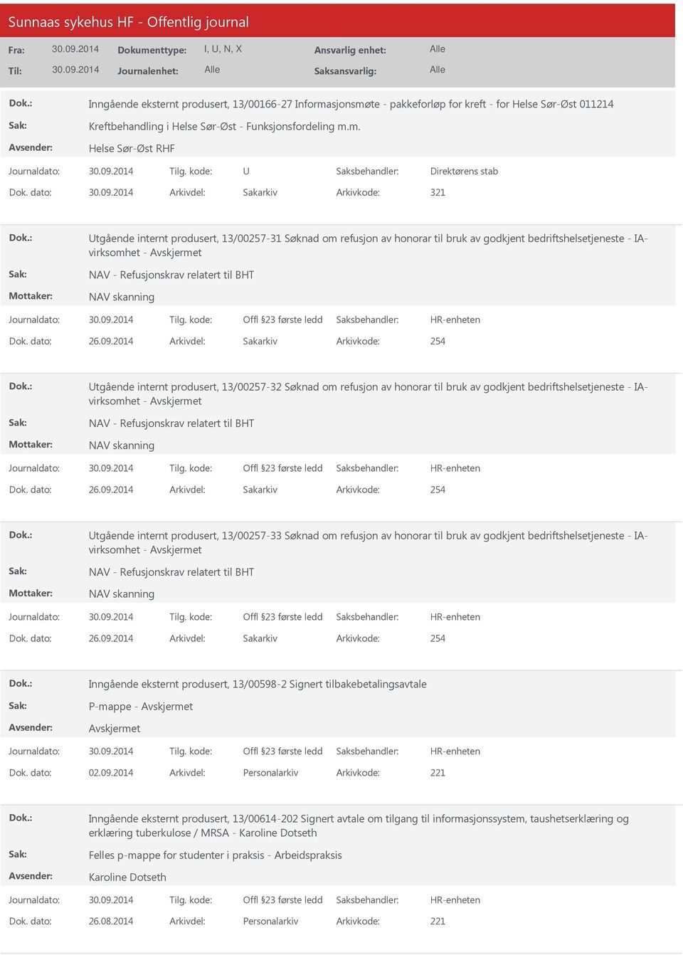 13/00257-32 Søknad om refusjon av honorar til bruk av godkjent bedriftshelsetjeneste - IAvirksomhet tgående internt produsert, 13/00257-33 Søknad om refusjon av honorar til bruk av godkjent