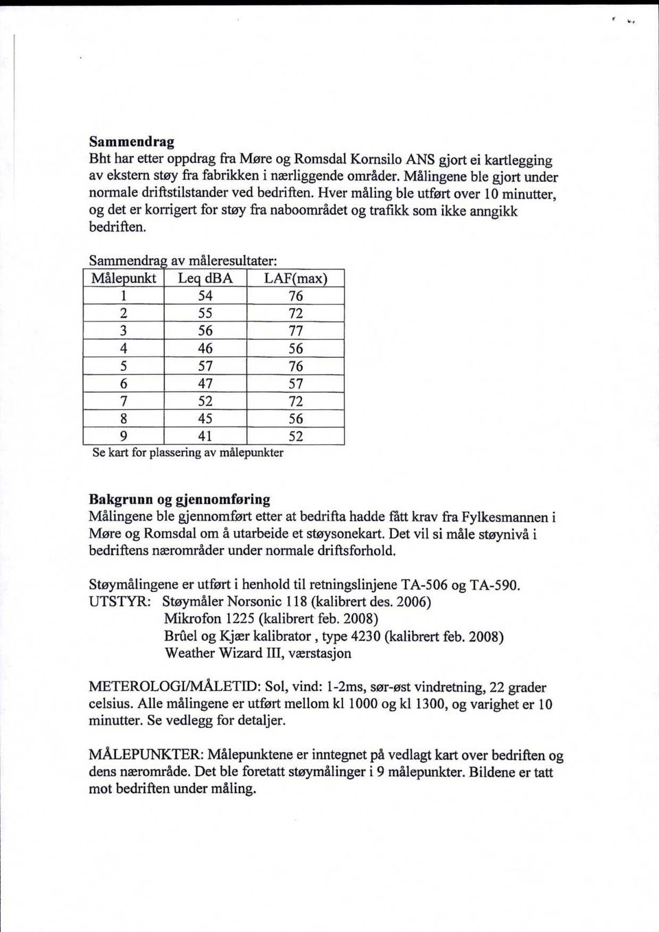 Sammendrag av måleresultater: Målepunkt Le dba LAF(max) 1 54 76 2 55 72 3 56 77 4 46 56 5 57 76 6 47 57 7 52 72 8 45 56 9 41 52 Se kart for plassering av målepunkter Bakgrunn og gjennomføring