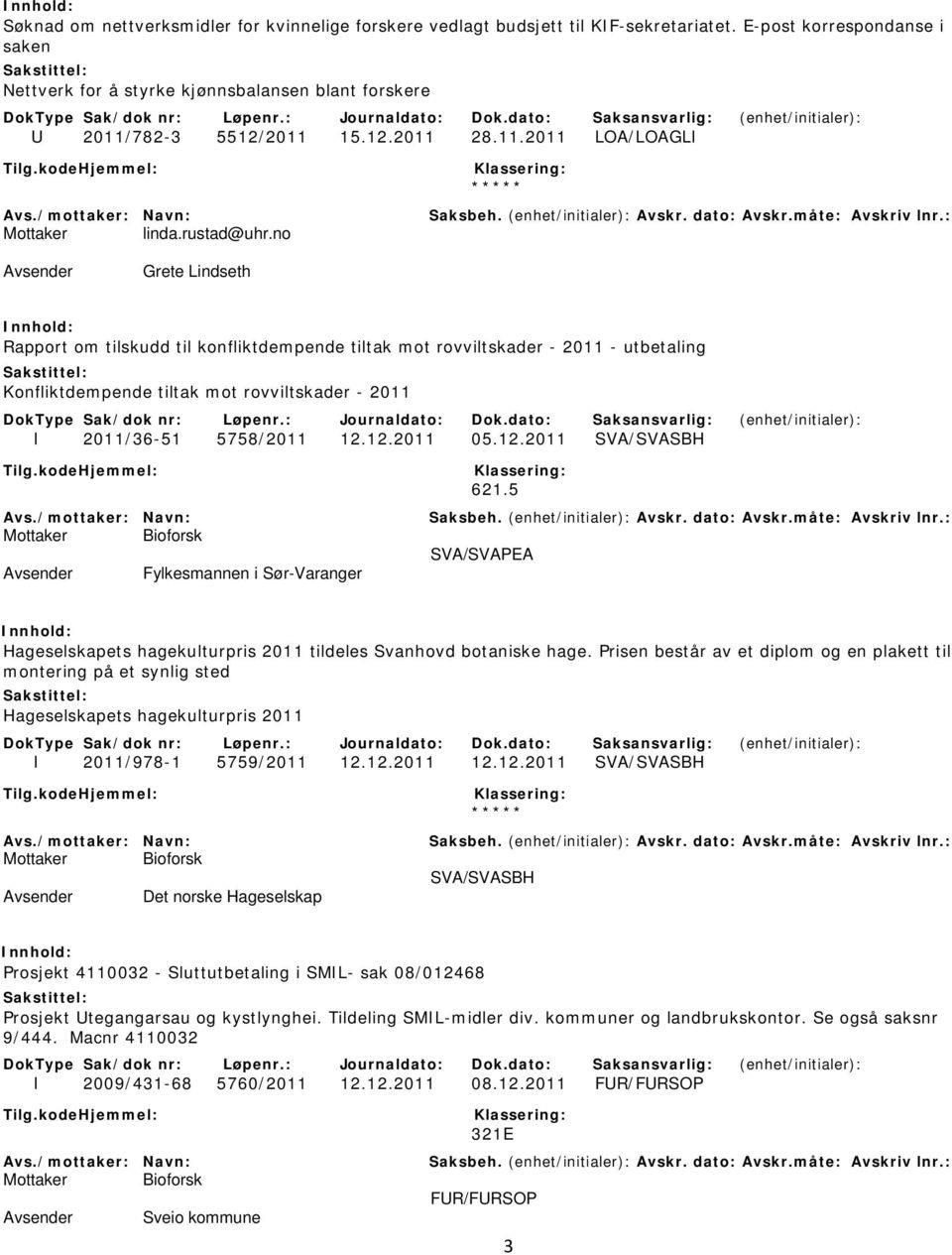 no Grete Lindseth Rapport om tilskudd til konfliktdempende tiltak mot rovviltskader - 2011 - utbetaling Konfliktdempende tiltak mot rovviltskader - 2011 I 2011/36-51 5758/2011 12.12.2011 05.12.2011 SVA/SVASBH 621.