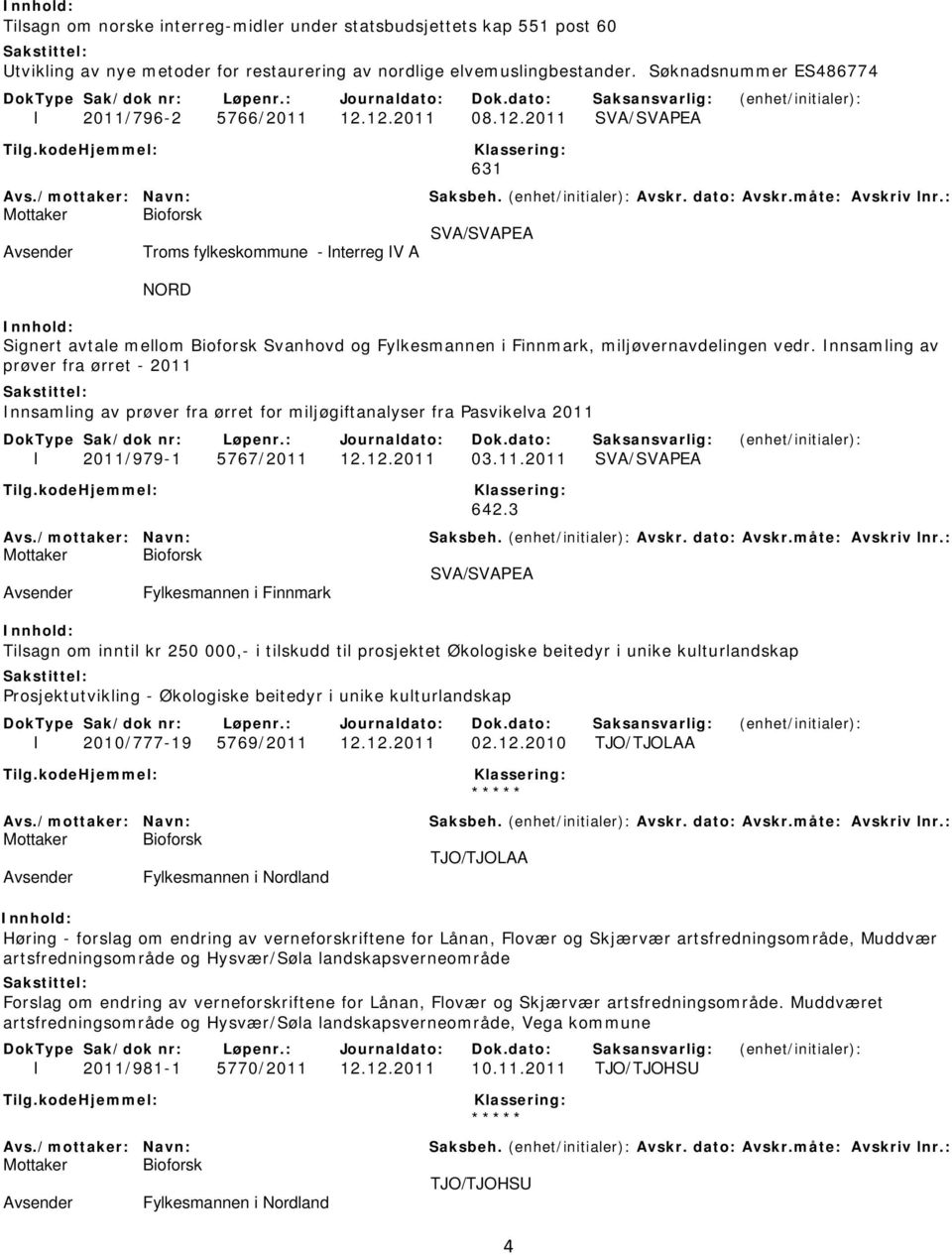 Innsamling av prøver fra ørret - 2011 Innsamling av prøver fra ørret for miljøgiftanalyser fra Pasvikelva 2011 I 2011/979-1 5767/2011 12.12.2011 03.11.2011 SVA/SVAPEA 642.