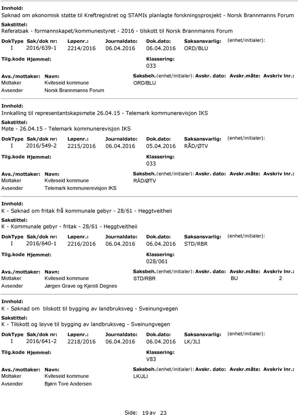 15 - Telemark kommunerevisjon KS Møte - 26.04.15 - Telemark kommunerevisjon KS 2016/549-2 2215/2016 033 Avs./mottaker: Navn: Saksbeh. Avskr. dato: Avskr.måte: Avskriv lnr.