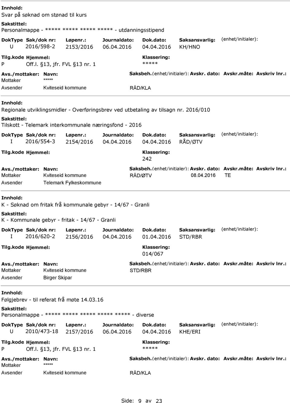 /mottaker: Navn: Saksbeh. Avskr. dato: Avskr.måte: Avskriv lnr.: 08.04.