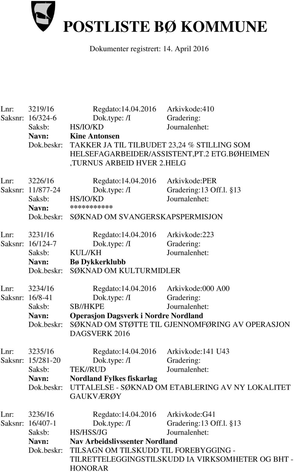 beskr: SØKNAD OM SVANGERSKAPSPERMISJON Lnr: 3231/16 Regdato:14.04.2016 Arkivkode:223 Saksnr: 16/124-7 Dok.type: /I Gradering: Navn: Bø Dykkerklubb Lnr: 3234/16 Regdato:14.04.2016 Arkivkode:000 A00 Saksnr: 16/8-41 Dok.