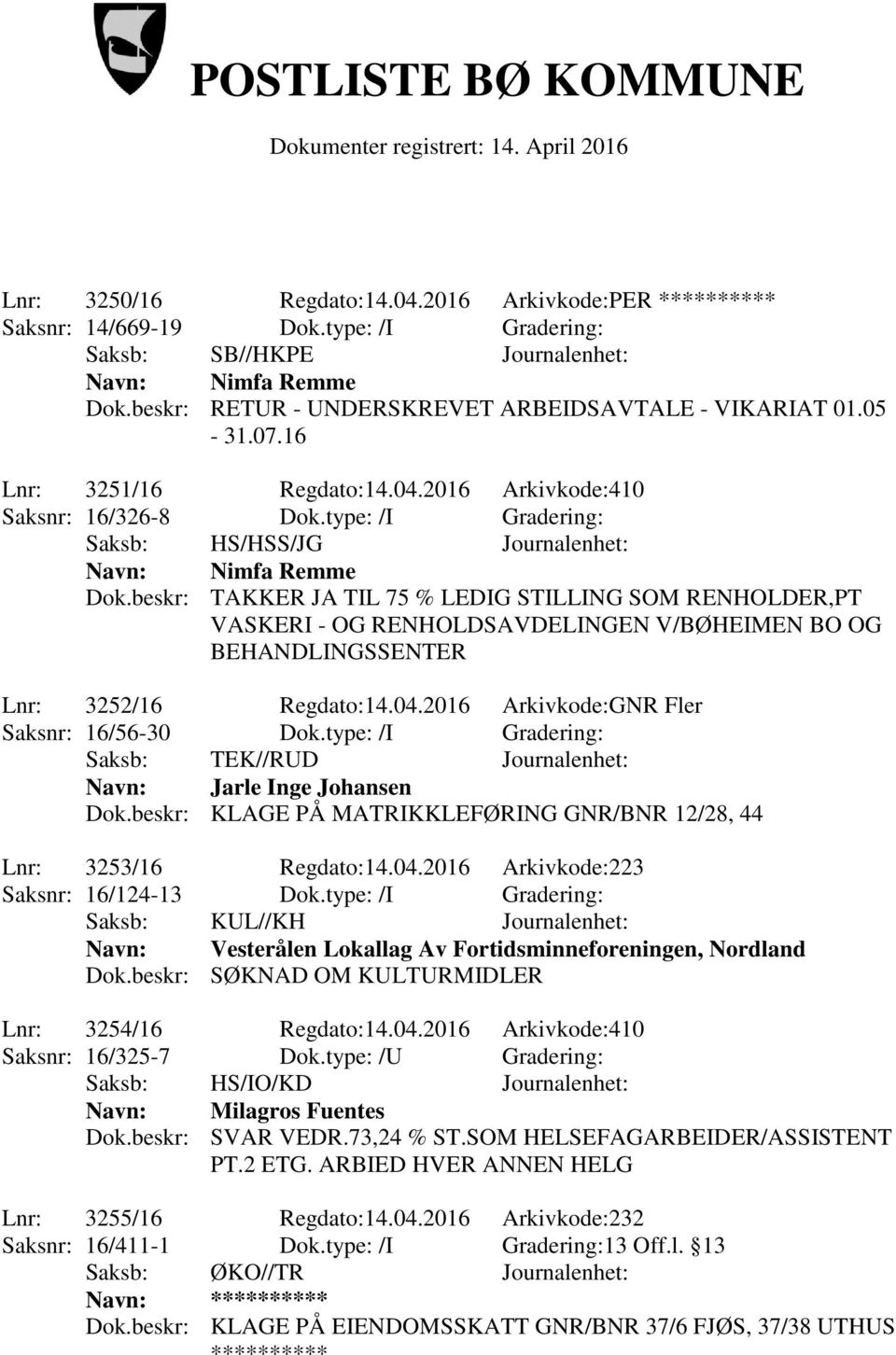 beskr: TAKKER JA TIL 75 % LEDIG STILLING SOM RENHOLDER,PT VASKERI - OG RENHOLDSAVDELINGEN V/BØHEIMEN BO OG BEHANDLINGSSENTER Lnr: 3252/16 Regdato:14.04.2016 Arkivkode:GNR Fler Saksnr: 16/56-30 Dok.