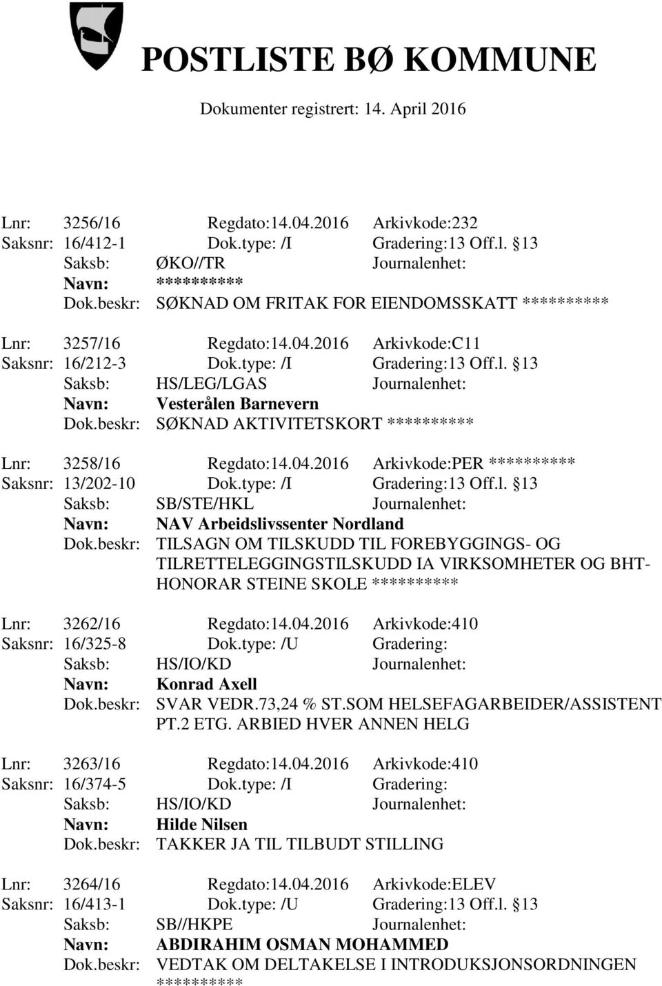 type: /I Gradering:13 Off.l. 13 Saksb: SB/STE/HKL Journalenhet: Navn: NAV Arbeidslivssenter Nordland Dok.