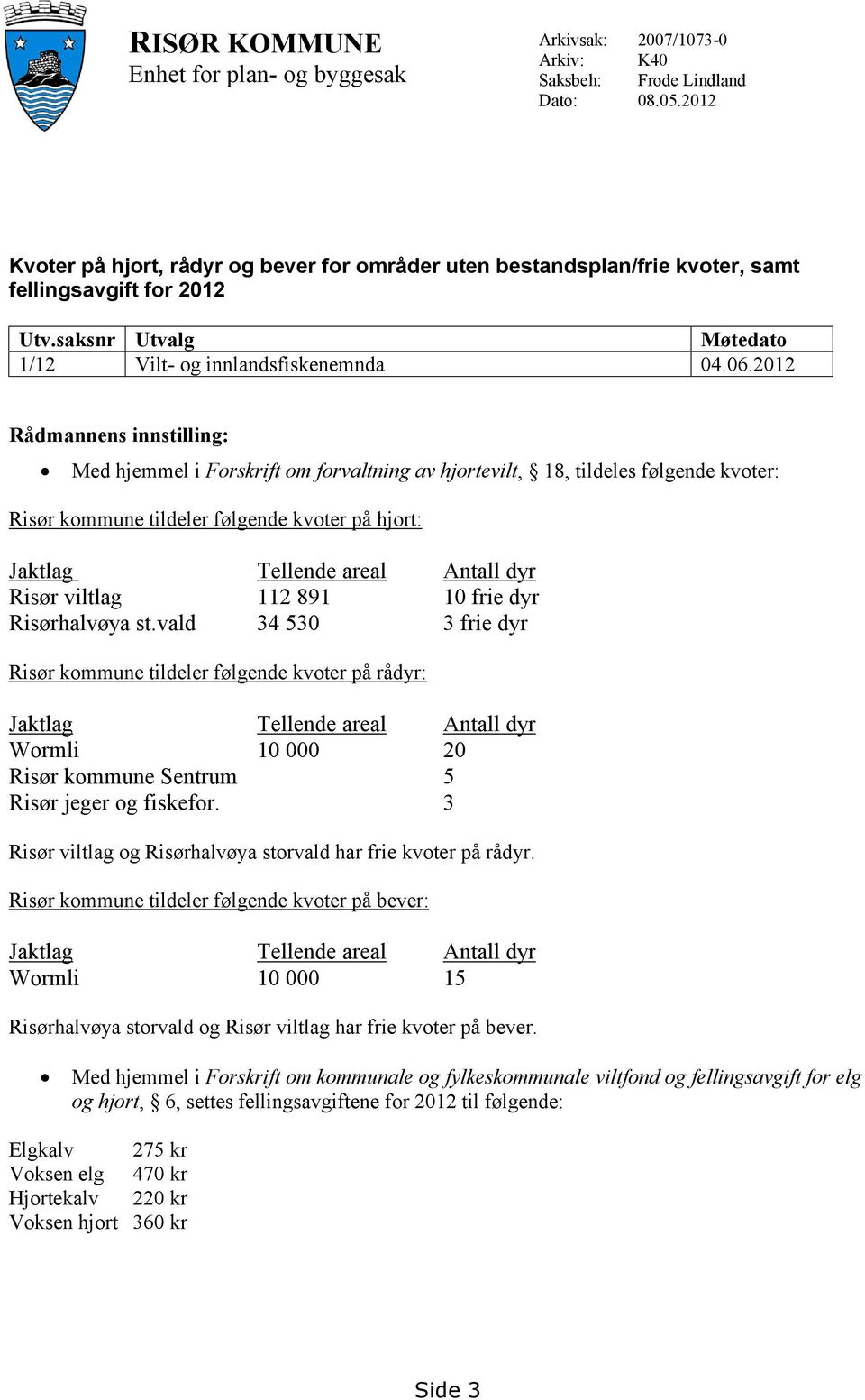 2012 Rådmannens innstilling: Med hjemmel i Forskrift om forvaltning av hjortevilt, 18, tildeles følgende kvoter: Risør kommune tildeler følgende kvoter på hjort: Jaktlag Tellende areal Antall dyr