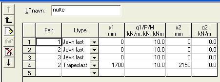 side 9 Oversikt lasttilfeller Et lasttilfelle Dette vinduet viser en tabell over de eksisterende lasttilfellene.