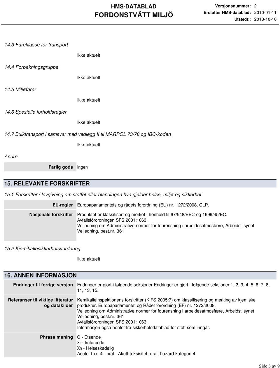 1 Forskrifter / lovgivning om stoffet eller blandingen hva gjelder helse, miljø og sikkerhet EUregler Nasjonale forskrifter Europaparlamentets og rådets forordning (EU) nr. 1272/2008, CLP.