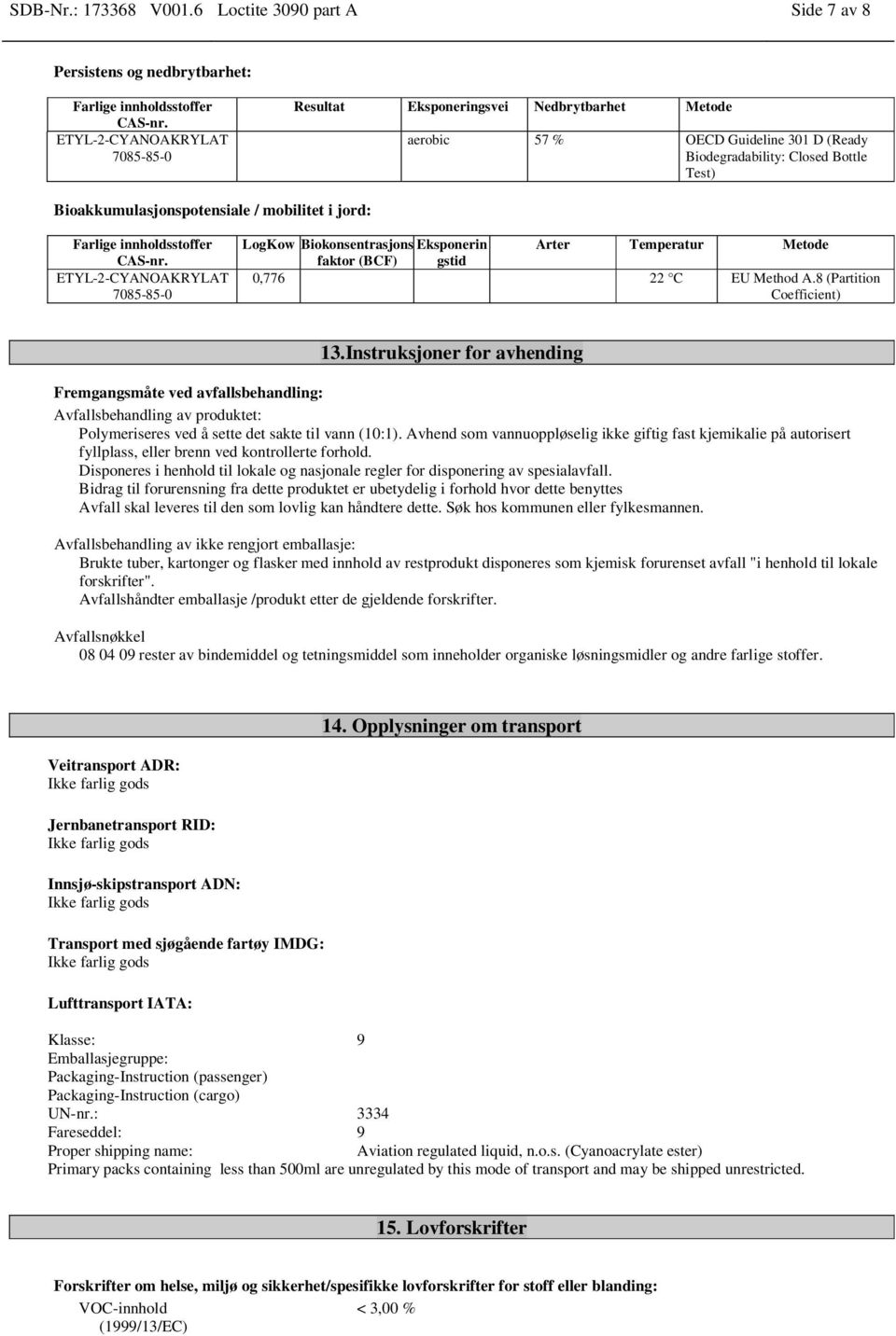 Bottle Test) Bioakkumulasjonspotensiale / mobilitet i jord: ETYL-2-CYANOAKRYLAT LogKow Biokonsentrasjons Eksponerin Arter Temperatur Metode faktor (BCF) gstid 0,776 22 C EU Method A.