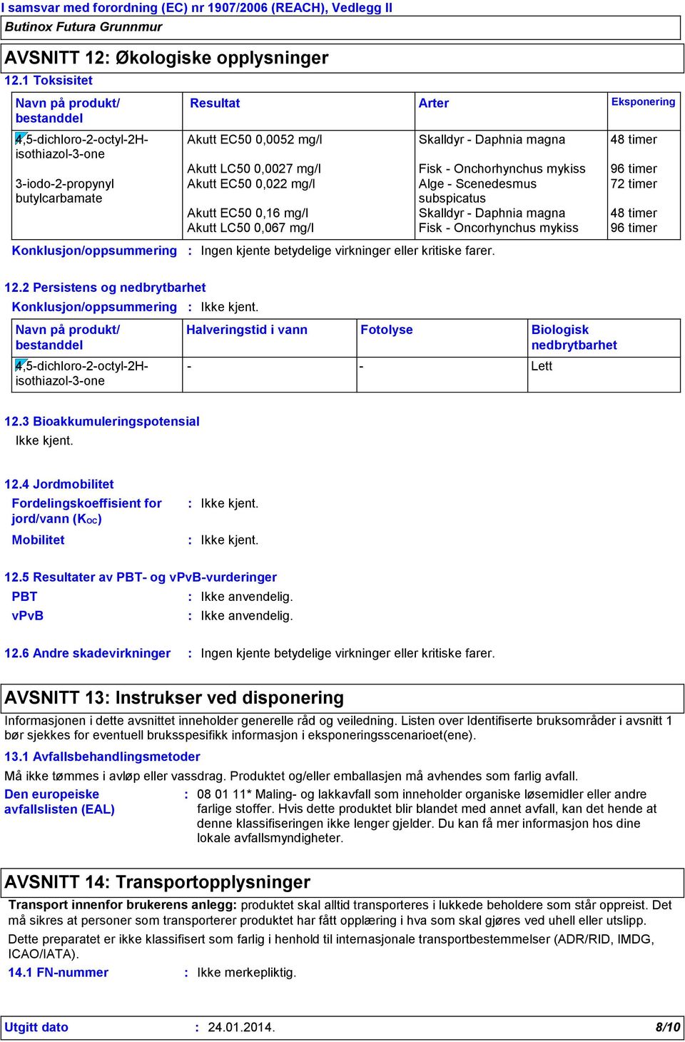 Eksponering Akutt EC50 0,0052 mg/l Skalldyr - Daphnia magna 48 timer Akutt LC50 0,0027 mg/l Fisk - Onchorhynchus mykiss 96 timer Akutt EC50 0,022 mg/l Alge - Scenedesmus 72 timer subspicatus Akutt