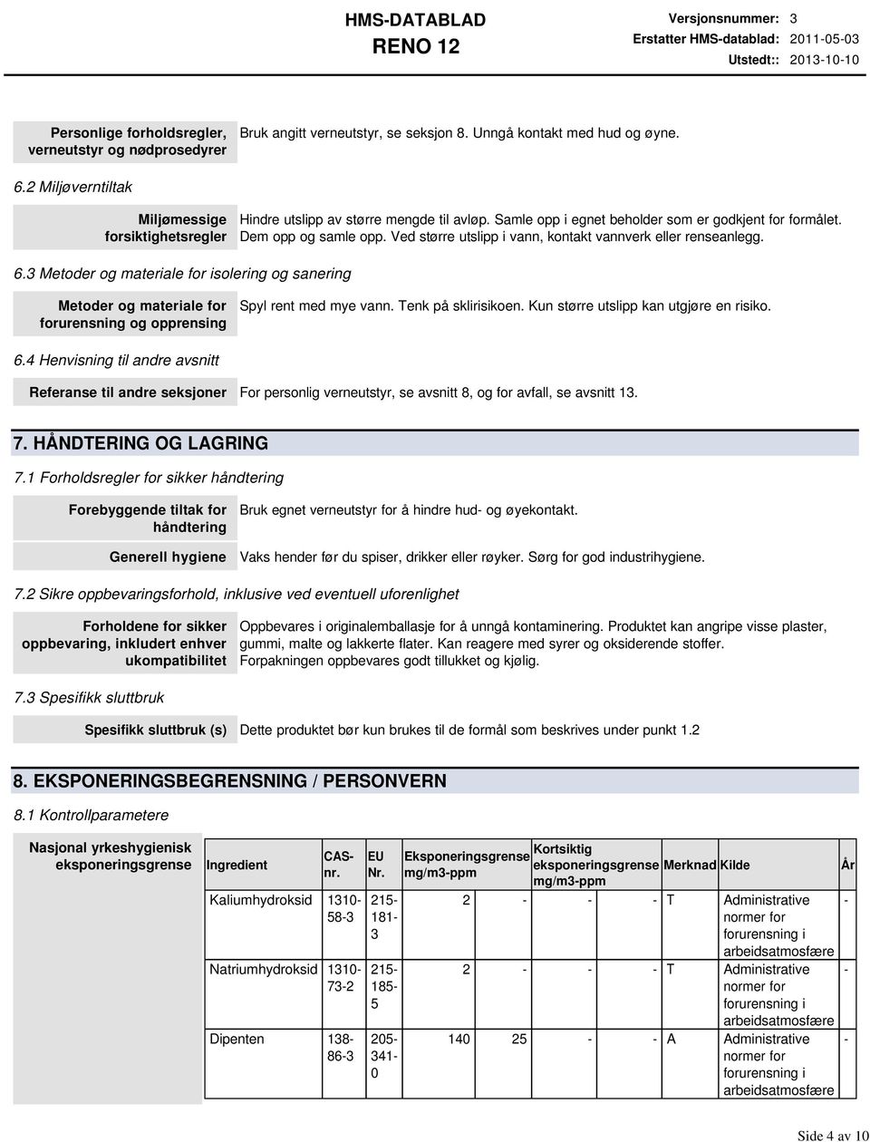 Ved større utslipp i vann, kontakt vannverk eller renseanlegg. 6.3 Metoder og materiale for isolering og sanering Metoder og materiale for forurensning og opprensing Spyl rent med mye vann.