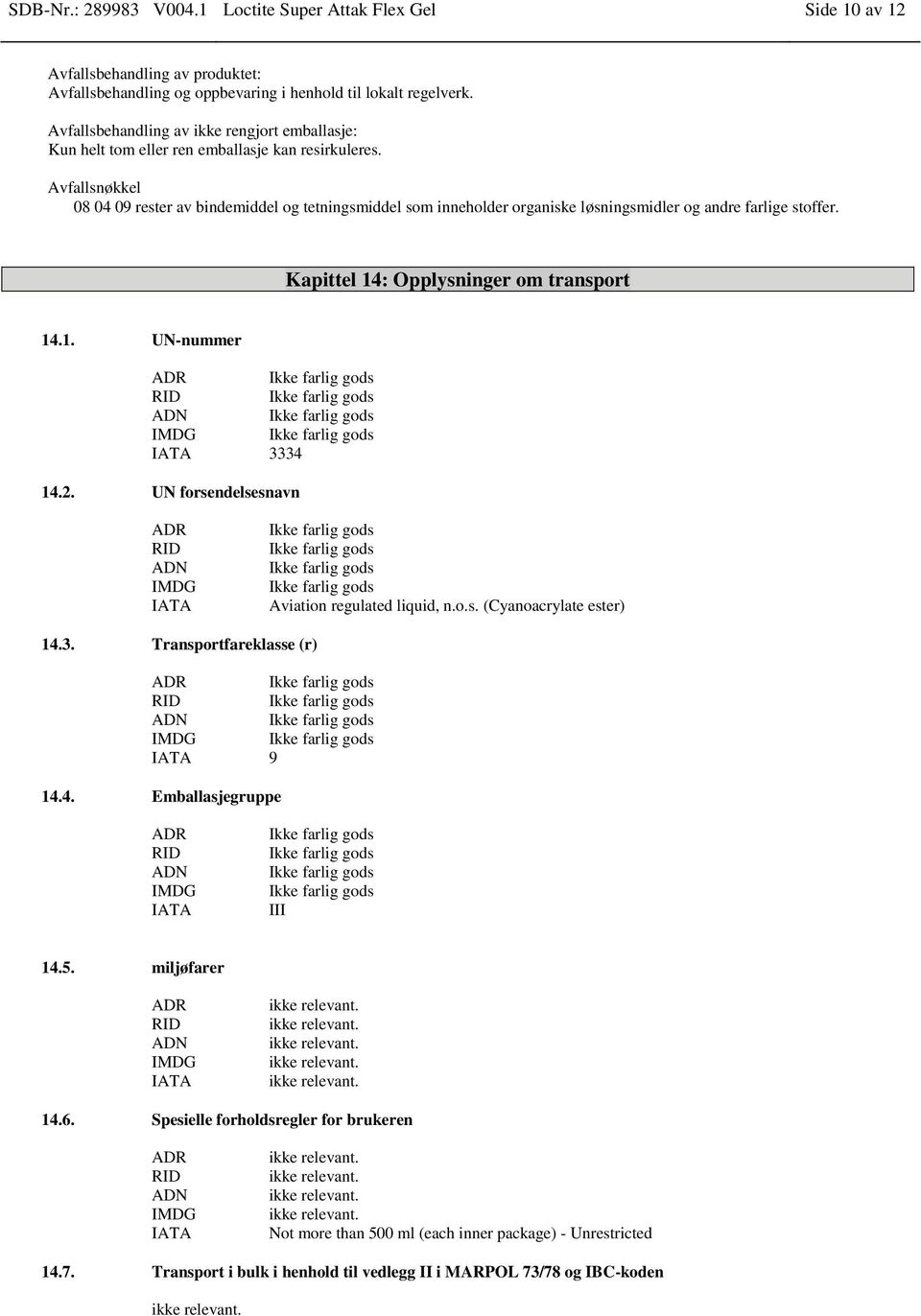 Avfallsnøkkel 08 04 09 rester av bindemiddel og tetningsmiddel som inneholder organiske løsningsmidler og andre farlige stoffer. Kapittel 14: Opplysninger om transport 14.1. UN-nummer ADR RID ADN IMDG IATA 3334 14.