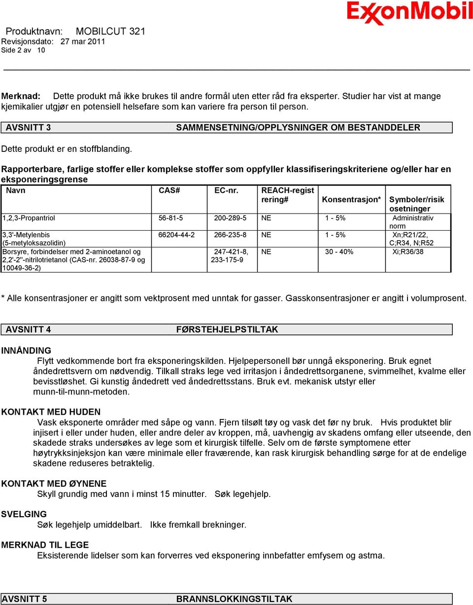 Rapporterbare, farlige stoffer eller komplekse stoffer som oppfyller klassifiseringskriteriene og/eller har en eksponeringsgrense Navn CAS# EC-nr.