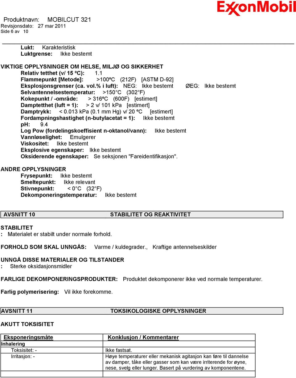 % i luft): NEG: Ikke bestemt ØEG: Ikke bestemt Selvantennelsestemperatur: >150 C (302 F) Kokepunkt / -område: > 316ºC (600F) [estimert] Damptetthet (luft = 1): > 2 v/ 101 kpa [estimert] Damptrykk: <