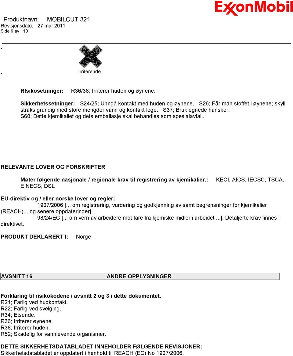 RELEVANTE LOVER OG FORSKRIFTER Møter følgende nasjonale / regionale krav til registrering av kjemikalier.